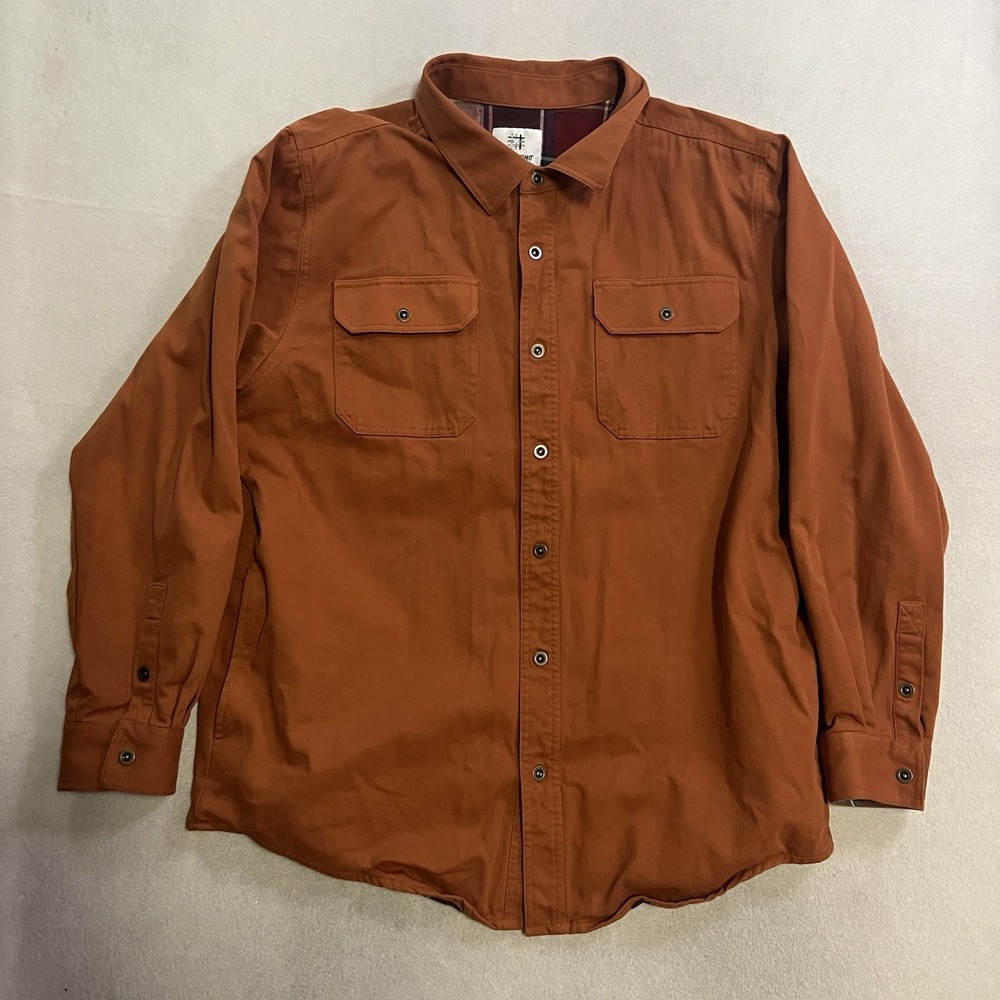 Mocotono Shirt Jacket Shacket Men's Size Large Orange Canvas Plaid Lined Snap Up